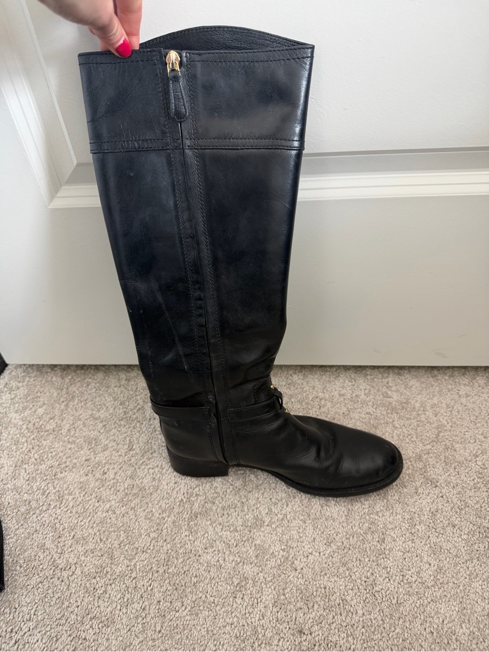 Tory Burch Black Leather Knee-High Boots with Gold Logo - Picture 9 of 16